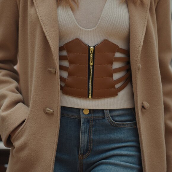 Cute Women Wide Corset Belt Waist Hip Brown Elastic Faux Leather Adjustable M L - Picture 3 of 17